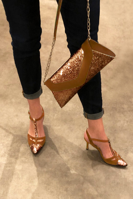 Caramel brown women's open back T-strap shoes. Tapered toe. High slim heel. Worn view - Florence KOOIJMAN